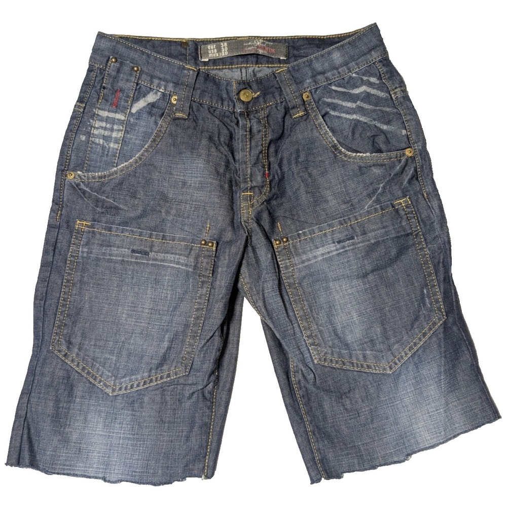 Zara Man Tiki Idol Jacron Patch Hip Pocket Button-Fly 11" Denim Shorts - Men 30